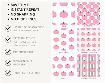 May include: A digital tool interface titled Create Seamless Patterns Easily, featuring text lists of features like Save Time, Instant Repeat, No Snapping, and No Grid Lines. It displays six pink pumpkin pattern examples labeled Grid, Diamond, Half Drop, Pattern Checker, Brick, and Add Background, with the text JL Seamless Creator at the bottom.