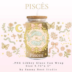 May include: A glass can with a wooden lid featuring a Pisces design. The design includes two fish, bows, butterflies, and floral elements in pastel colours. The text "Pisces" is displayed at the top and bottom of the can.