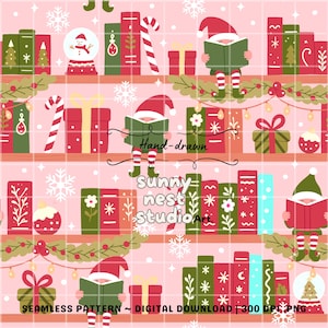 May include: A festive seamless pattern featuring bookshelves filled with Christmas-themed books, gifts, and snow globes. Santa Claus elves are reading books. The design includes snowflakes and candy canes on a pink background. The text "Hand-drawn" and "Sunny Nest Studio Art" are visible.
