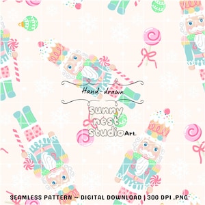 May include: A seamless digital pattern featuring hand-drawn illustrations of nutcrackers, lollipops, and ornaments in pastel colors. The design includes the text "Hand-drawn" and "sunny nest studio Art."