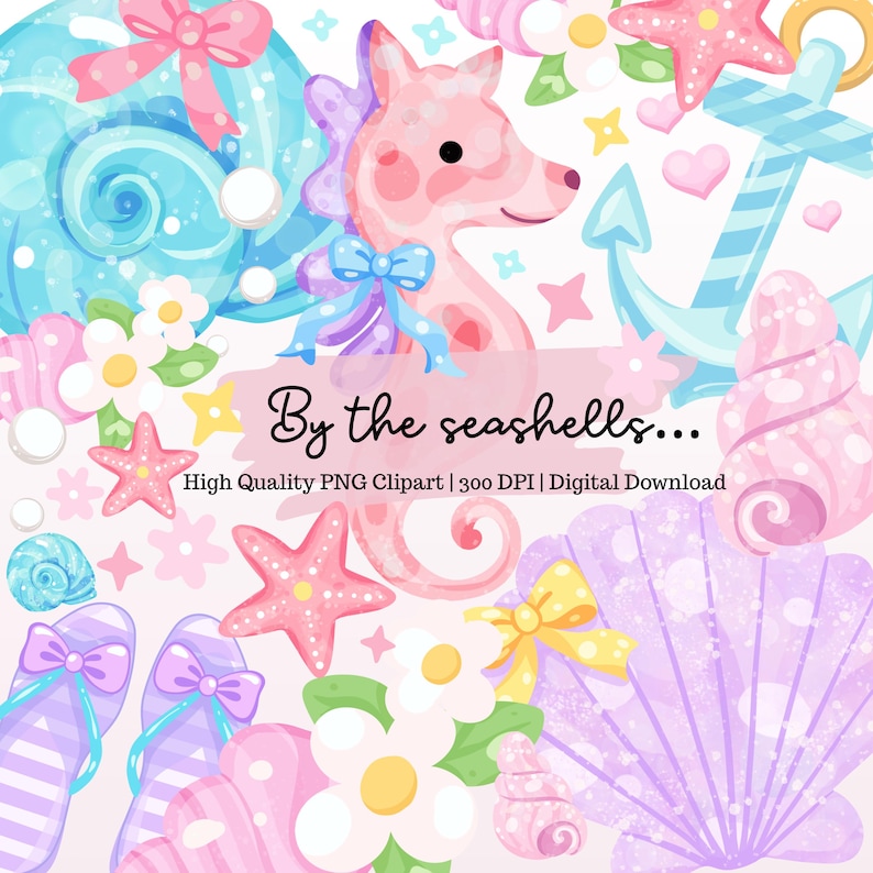 Seashell Clipart Bundle PNG | Cute Pastel Beach Clipart | Seahorse ...