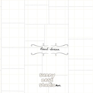 Puede incluir: Un fondo blanco con un patrón de cuadrícula y las palabras "Hand-drawn" en una fuente decorativa. Debajo, el texto "sunny nest studio Art" se muestra en una fuente juguetona y redondeada.
