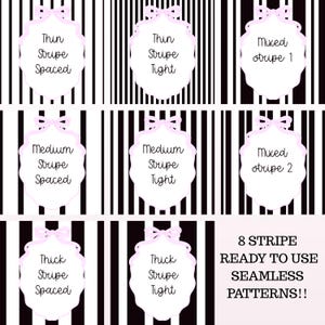 May include: An image showcasing eight black and white stripe patterns. Each pattern is identified with text describing stripe thickness and spacing, like "Thin Stripe Spaced." The text "8 STRIPE READY TO USE SEAMLESS PATTERNS!!" is also visible.