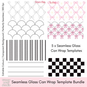 Op de afbeelding: Een digitale set van 5 naadloze sjablonen voor glazen met patronen zoals roze strikken, geschulpte lijnen, zwart-witte strepen en een dambordpatroon. Tekst bevat From this, To this en 5 x Seamless Glass Can Wrap Templates.