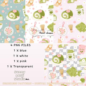 Puede incluir: Descarga digital con cuatro patrones sin costuras. Los patrones incluyen rollos de pastel de matcha, pasteles con forma de pez, cartones de leche de matcha y campanillas de viento florales. Los esquemas de color son azul, blanco, rosa y transparente. El texto "Hand-drawn" es visible.