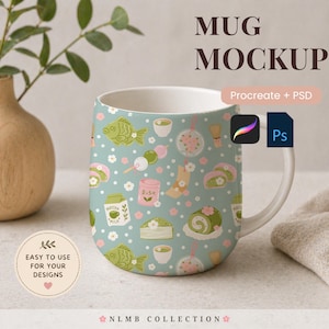May include: A white ceramic mug with a light teal background, adorned with Japanese-themed illustrations. The design includes fish, sweets, and floral patterns. The mug has a white handle and the text "MUG MOCKUP" is visible.