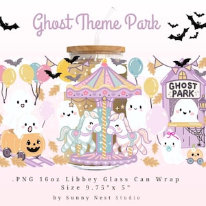 Involucro per lattine di vetro color pastello Halloween Ghost Park / Involucro PNG Libbey da 16 once / Involucro per tazze Kawaii Carousel per stampa UV DTF, involucro trasparente da 16 once