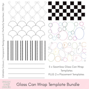 Könnte beinhalten: Ein digitales Set aus 5 nahtlosen Vorlagen für Glasdosen-Wraps und 2 Platzierungsvorlagen mit verschiedenen Mustern, darunter Schleifen, schwarz-weiße Karos, geschwungene Linien, vertikale Streifen, horizontale Linien sowie bunte Kreise.