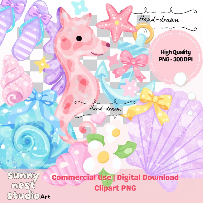 Seashell Clipart Bundle PNG | Cute Pastel Beach Clipart | Seahorse ...
