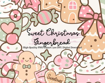 スイートマスのクリスマスクリップアートセット | かわいいパステルカラーのジンジャーブレッド、カップケーキ、キャンディPNG + ボーナスの雪の結晶 | かわいいホリデークリスマスクッキーPNG