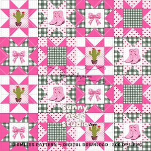 Western Coquette Patchwork Seamless Pattern, Pink, Green Gingham Cowboy Boots Bow Strawberry Quilt PNG