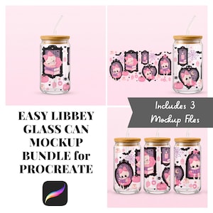 May include: A clear glass can with a bamboo lid and glass straw, featuring a pink and black graphic print of skulls, bows, books, and spiderwebs. The text reads EASY LIBBEY GLASS CAN MOCKUP BUNDLE for PROCREATE and Includes 3 Mockup Files.