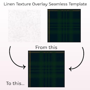 May include: A digital template showcasing a linen texture overlay and a seamless plaid pattern. The text reads "Linen Texture Overlay Seamless Template", with the phrases "From this" and "To this" indicating a transformation.