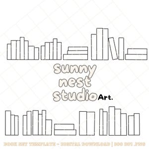 Pode incluir: Ilustração em preto e branco de várias pilhas de livros em vários arranjos. O texto "sunny nest studio Art." está no centro. As palavras "BOOK SET TEMPLATE - DIGITAL DOWNLOAD | 300 DPI .PNG" estão na parte inferior.