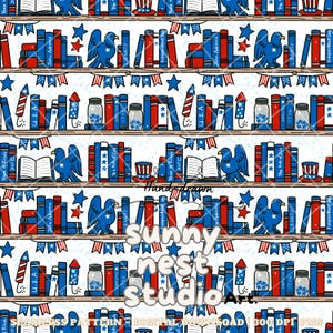 May include: Seamless pattern featuring patriotic elements like books, eagles, and fireworks in red, white, and blue. The design includes text such as "U.S.A" and "Independence Day", perfect for Fourth of July themed projects.