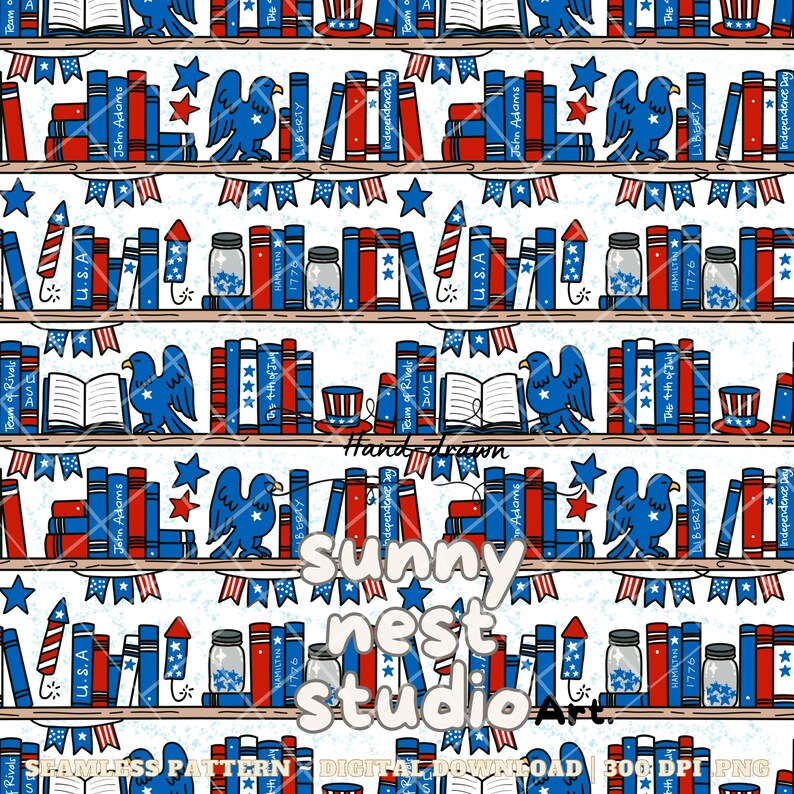 May include: Seamless pattern featuring patriotic elements like books, eagles, and fireworks in red, white, and blue. The design includes text such as "U.S.A" and "Independence Day", perfect for Fourth of July themed projects.