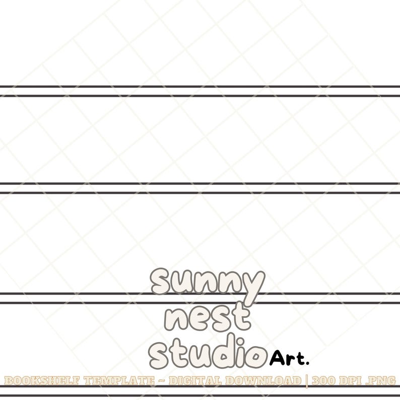 May include: A digital bookshelf template with three shelves, each outlined in black. The background features a subtle diamond pattern. The text "sunny nest studio Art" is displayed in a playful font. The bottom of the image includes the text "BOOKSHELF TEMPLATE - DIGITAL DOWNLOAD | 300 DPI PNG".