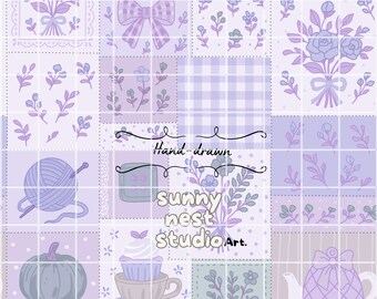 Grandmacore sömlöst quiltmönster | Mysig Cottagecore-tygdesign | Digital nedladdning PNG | Vintage blommigt lapptäcke, pastell lavendelfärgad quilt