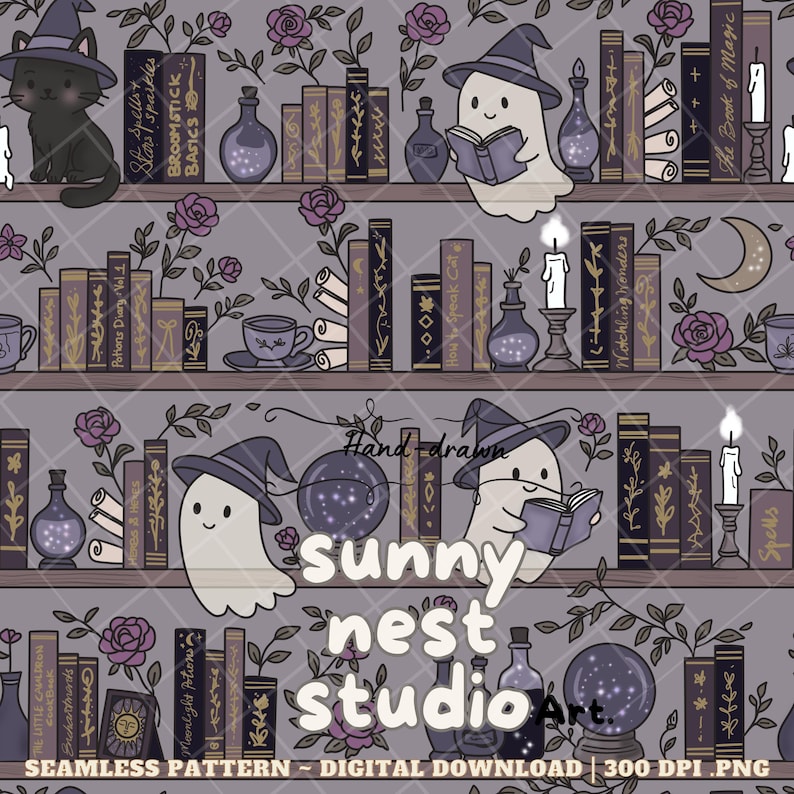 May include: Seamless digital pattern featuring a bookshelf with books, potion bottles, candles, and ghosts wearing witch hats. The text "sunny nest studio Art" is visible. The design includes roses and a black cat.