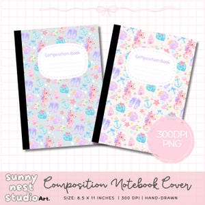 May include: Two composition notebooks with covers featuring a repeating pattern of seahorses, anchors, ballet slippers, and seashells in pastel colors. Each notebook has a white label that says "Composition Book". The notebooks are 8.5 x 11 inches.