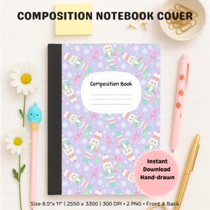 Puede incluir: Un cuaderno de composición con una cubierta lavanda con un patrón de cascanueces, copos de nieve y bastones de caramelo. El cuaderno tiene el texto "Composition Book" y mide 21,6 cm x 27,9 cm.