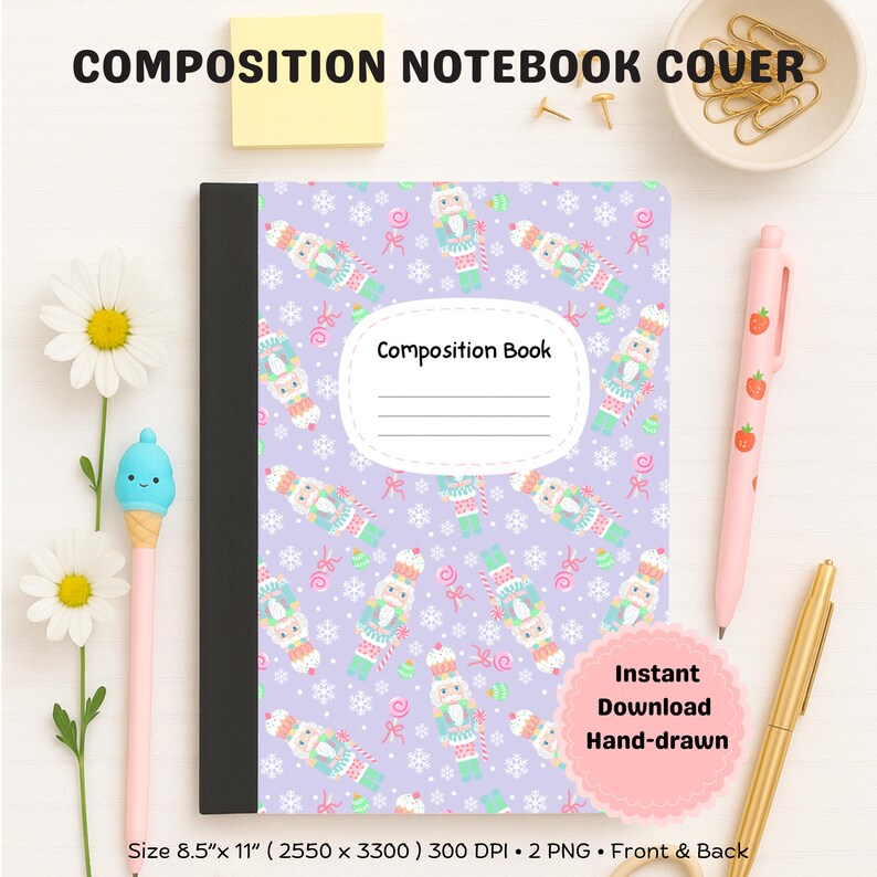 Seamless pastel nutcracker Christmas Composition Notebook Cover with candy canes, ornaments, bows, and snowflakes on a light background, perfect for back to school.