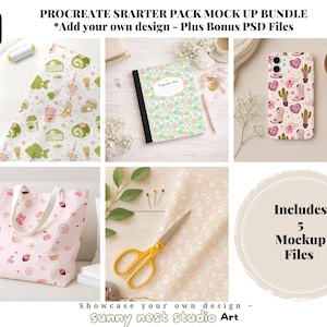 May include: A mockup bundle with various items, including a tote bag, phone case, notebook, and fabric, each featuring unique patterns. The image includes the text "PROCREATE SRARTER PACK MOCK UP BUNDLE" and "Includes 5 Mockup Files."