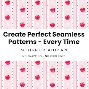 Puede incluir: Fondo rosa con un patrón repetido de fresas rojas y detalles florales blancos. La imagen incluye el texto "Create Perfect Seamless Patterns - Every Time" y "PATTERN CREATOR APP". El diseño no tiene ajuste ni líneas de cuadrícula.