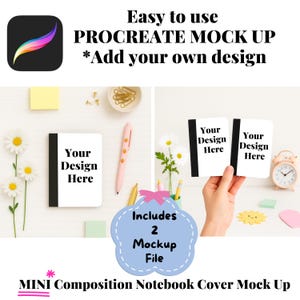 Könnte beinhalten: Ein Procreate-Mockup für eine Mini-Notizbuch-Hülle. Das Bild zeigt ein Notizbuch mit dem Text "Your Design Here", einen rosa Stift, Gänseblümchen und den Text "Includes 2 Mockup File".