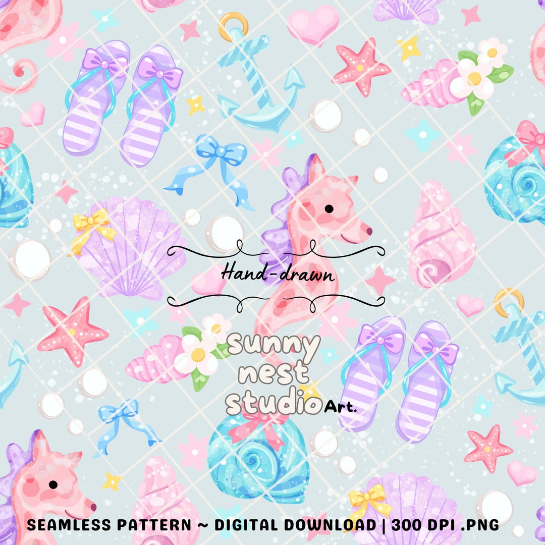 Seashell Seamless Pattern PNG | Cute Pastel Beach Pattern | Seahorse ...