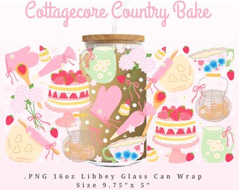 May include: A digital illustration featuring a glass can wrap with a wooden lid and a straw. The design includes pink baking gloves, cakes with strawberries, and floral elements. The text "Cottagecore Country Bake" is at the top. The wrap is 9.75" x 5".