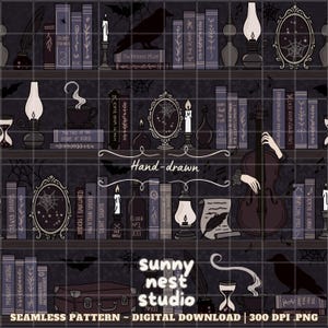 Puede incluir: Patrón sin costuras que presenta una estantería con libros, velas y elementos decorativos. El diseño incluye un violonchelo, un cuervo y el texto "Hand-drawn" y "sunny nest studio". La paleta de colores es oscura con tonos morados y grises.