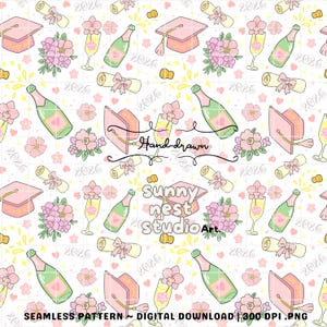 May include: A seamless pattern featuring graduation caps, champagne bottles, diplomas, flowers, and champagne glasses. The design includes the year "2026" and the text "Hand drawn" and "sunny nest studio Art" on a white background. The pattern is a digital download.