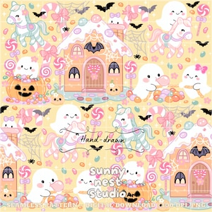 Könnte beinhalten: Ein nahtloses digitales Muster mit Halloween-Thema. Das Design umfasst Geister, Kürbisse, Lebkuchenhäuser, Süßigkeiten, Fledermäuse und Einhörner in Pastellfarben. Der Text "Hand-drawn" und "sunny nest Studio" sind ebenfalls sichtbar.