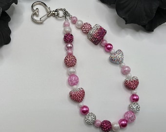 Pink Rhinestone Heart Phone Strap Wristlet Coquette Bow Beaded Phone Charm Gift for girl