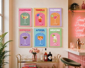 Set per dipingere cocktail retrò con la tecnica "dipingi con i numeri" / Mini tele fai da te per decorare il carrello bar (6 pezzi)