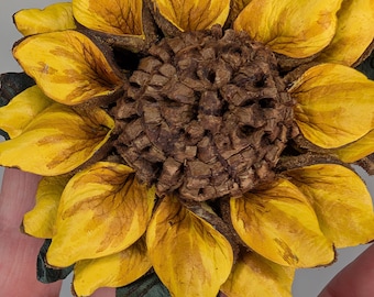 Yellow Leather Sunflower Bag Charm with Leather Strap, Key-ring, or Pin Attachment