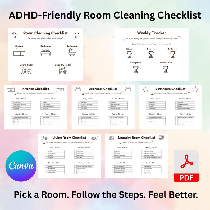 Room-by-room Cleaning Checklist PDF | Adhd-friendly Printable | Daily