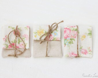 USB packaging -  Set of 5 pink and yellow floral USB pouches hemp ties
