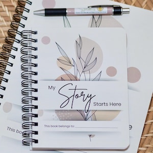 May include: A spiral-bound notebook with the text "My Story Starts Here" and a pen rest on a larger notebook. The notebooks have a floral design in neutral colors. The items rest on a woven tray, with a potted plant in the background.