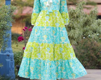 floral Block Print Kyra Midi Dress | Bohemian Cotton Dress for women | Dresses for Women | String Closer Dress | Short long dresses,gifts