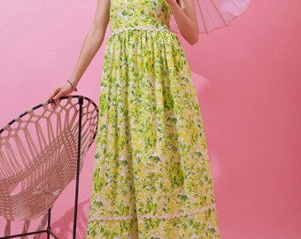 Green Floral Maxi Dress Women Cottagecore Summer Dress Boho Floral Sundress Sleeveless Vacation Dress Romantic Garden Dres Flowy Resort Wear