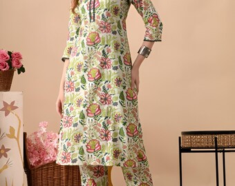 Green Floral Printed Cotton Kurta Pant Set for Women | Elegant Indian Ethnic Kurti with Pants | Summer Casual & Festive Wear l Gift for Her