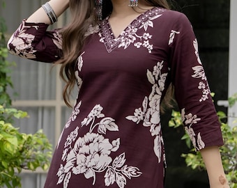 Brown Floral Cotton Co-ords Sets for Women –Indian coord sets for women– Ethnic Co-ord Set - Stylish Block Kurta with Pant - Gift for Her