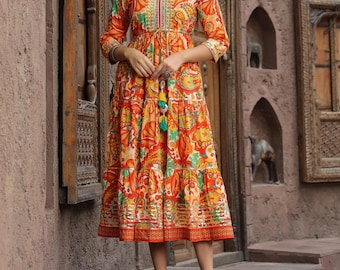 block print dress, Indian Tunics, Hand Printed Dress, Indian Cotton Long gown, Indian Cotton dress, printed dress hand block printed dress