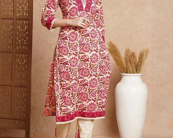 Pink Blue Floral Cotton Kurta Pant Set | Ethnic Indian Coords Women's Wear