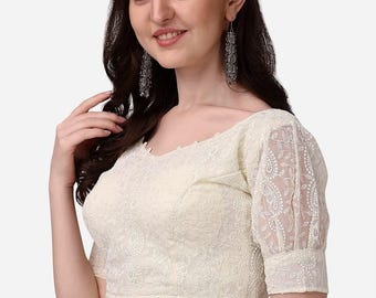 Readymade Indian Saree Lehenga Designer White Blouse With Lucknowi Embroidered Georgette Fabric Puff Sleeve Partywear Ethnic Crop Top Choli