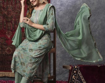 Sage Green Kurta Pant Dupatta Set for Women | Embroidered Ethnic Suit Set | Indian Salwar Kameez | Festive Wear Outfit | Wedding Guest Dress