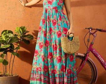 Green Floral Maxi Dress for Women, Boho Summer Dress, Spaghetti Strap Sundress, Vacation Beach Dress, Jaipur Flowy Cotton Long Maxi Dress