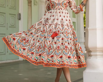 Boho Printed Cotton Midi Dress Ethnic Block Print Fit & Flare Dress Handmade Long Sleeve Indian Dress for Women Summer Cotton Bohemian Dress